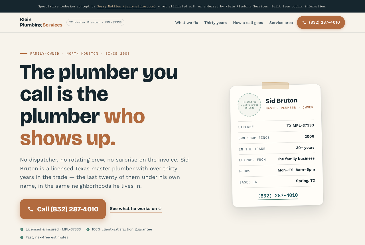 Klein Plumbing concept homepage
